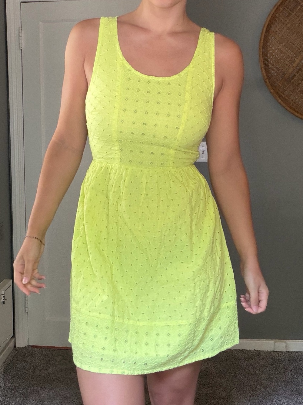 American Eagle Outfitters Lime Green/Yellow Eyelet Fit-and-Flare Dress